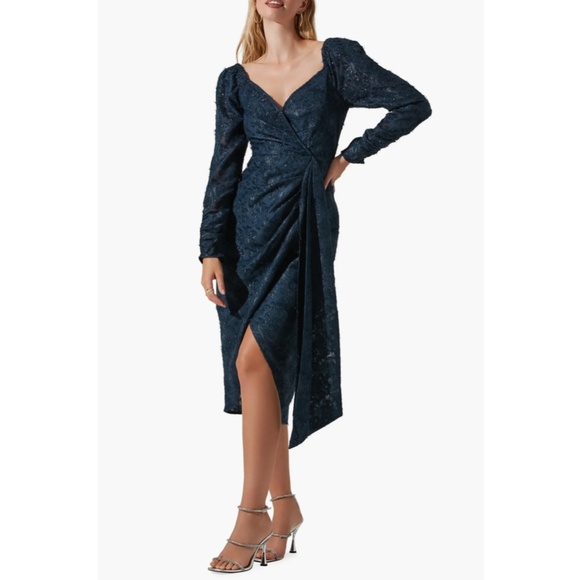 NEW ASTR Label NAVY Terese METALLIC Floral LONG SLEEVE Cocktail MIDI DRESS XS - Picture 10 of 16